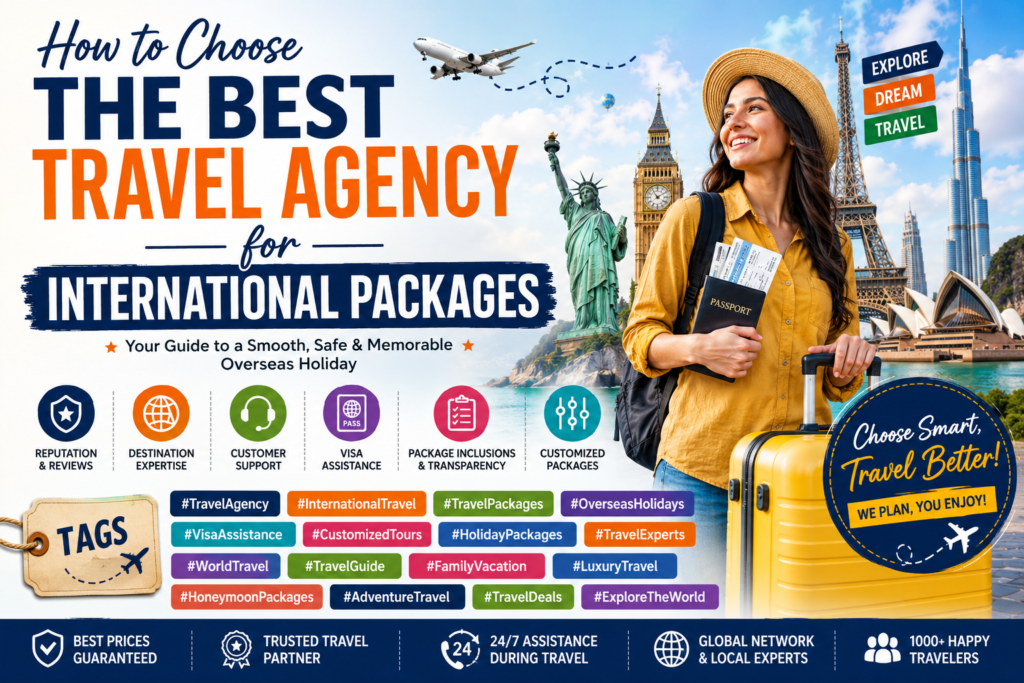 Best travel agency for international travel packages infographic with travel tips and destination expertise.